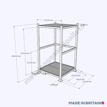 Technical drawing of roofed metal storage stillage.